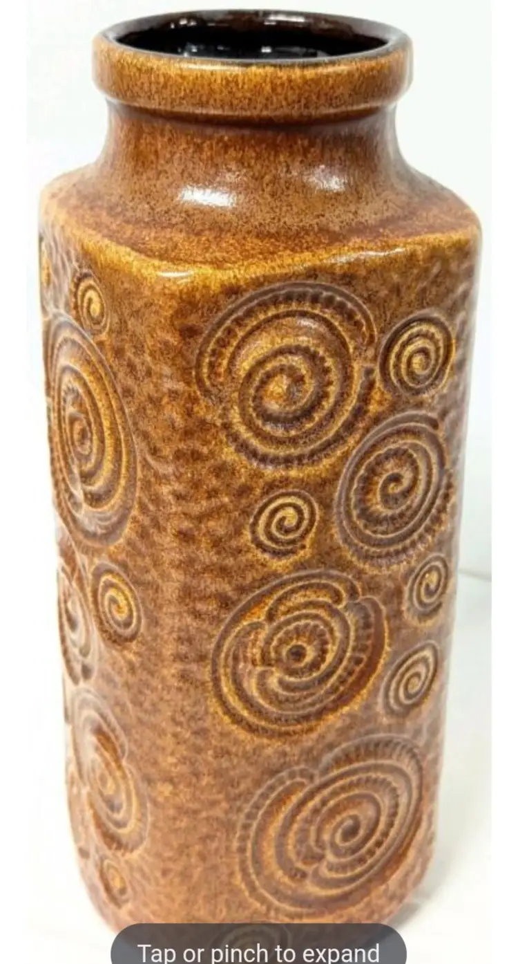 Striking MCM Vintage West Germany SCHEURICH Mustard Coloured Fossil Pattern Vase, #282-26, 10.5" Tall, Chip in Side