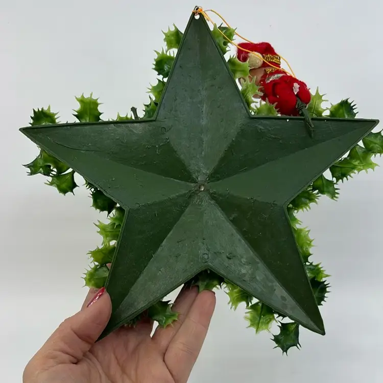 Vintage Plastic Holly And Berry Star Ornament With Perched Pixie Hong Kong 8.5” As Is