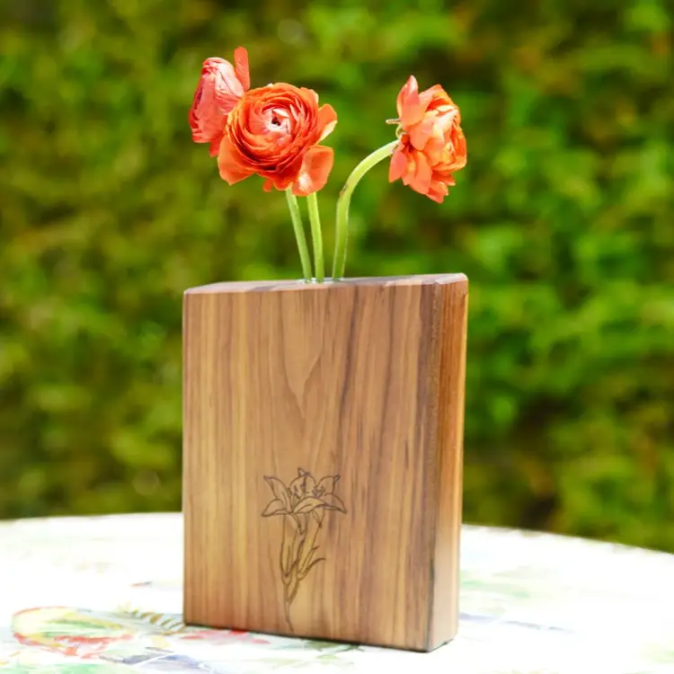 Walnut Wood Vase with Floral Engraving (7.5" x 6" x 1.75")