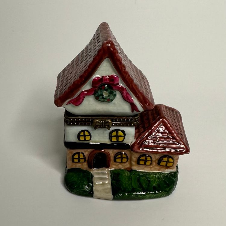Christmas Cottage Mini Porcelain Hinged Trinket Box 4”