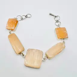 5-Stone Rough Peach Selenite Bracelet (7-8 inches) in Sterling Silver Finish (#269)