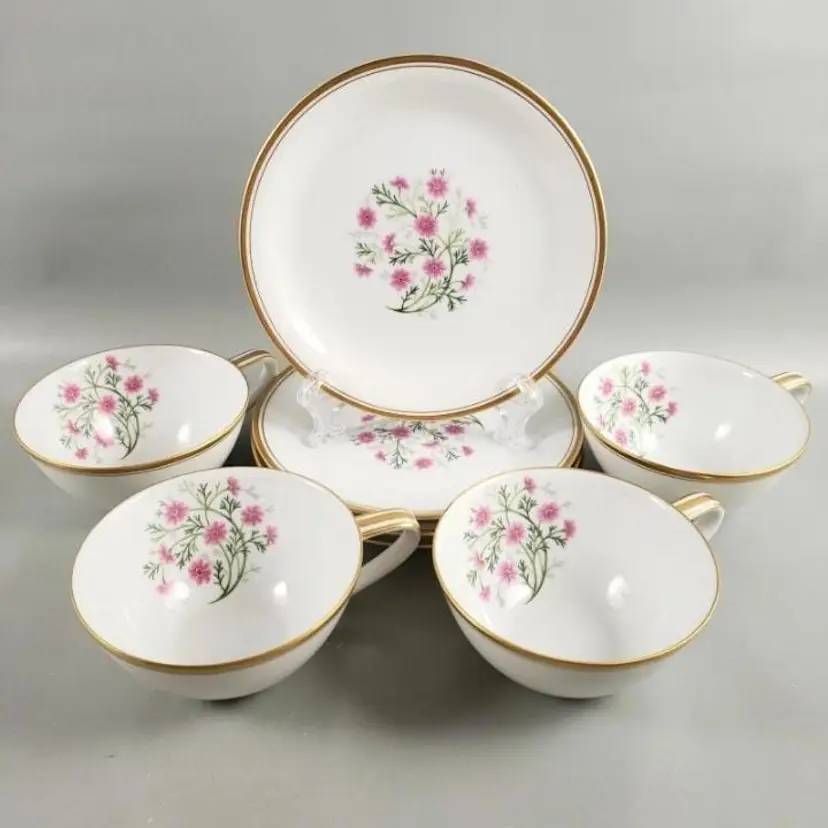 Vintage 1930s Noritake 5297 Pink Cosmos Gold Porcelain Cup Saucer Set Japan