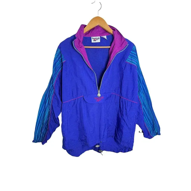 Vintage Reebok Pullover Windbreaker 1/2 Zip Womens Med. Blue/Maroon Color Block