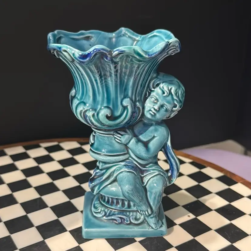 Vintage Turquoise Cherub Vase