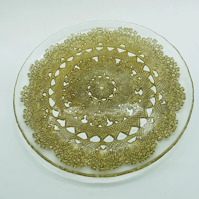#1208 Decorative Clear Glass and Gold Doily Lace Chargers three Serving Plates Round 11 inch
