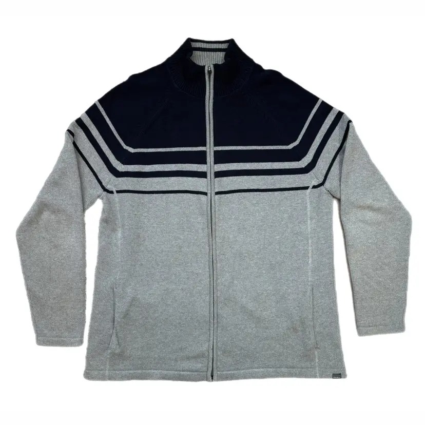 Eddie Bauer TXL Cardigan Sweater Mens Full Zip Mock Neck Cotton Blue Gray Vintage