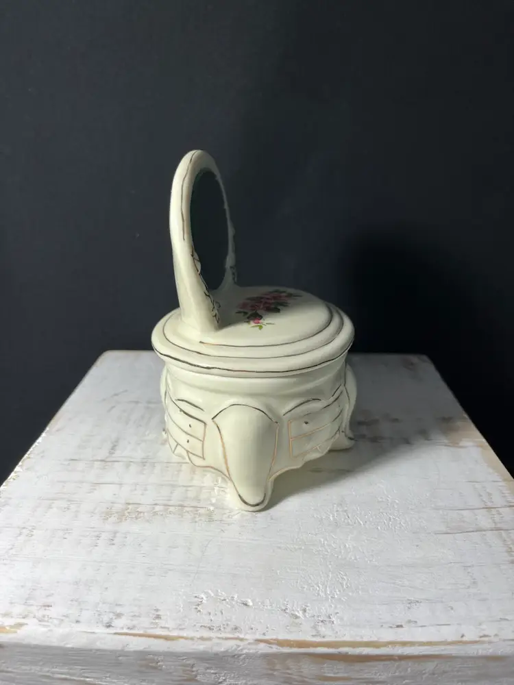 VTG Victorian Style Ceramic Vanity Trinket Box W/mirror-Ivory Colored w/pink Roses