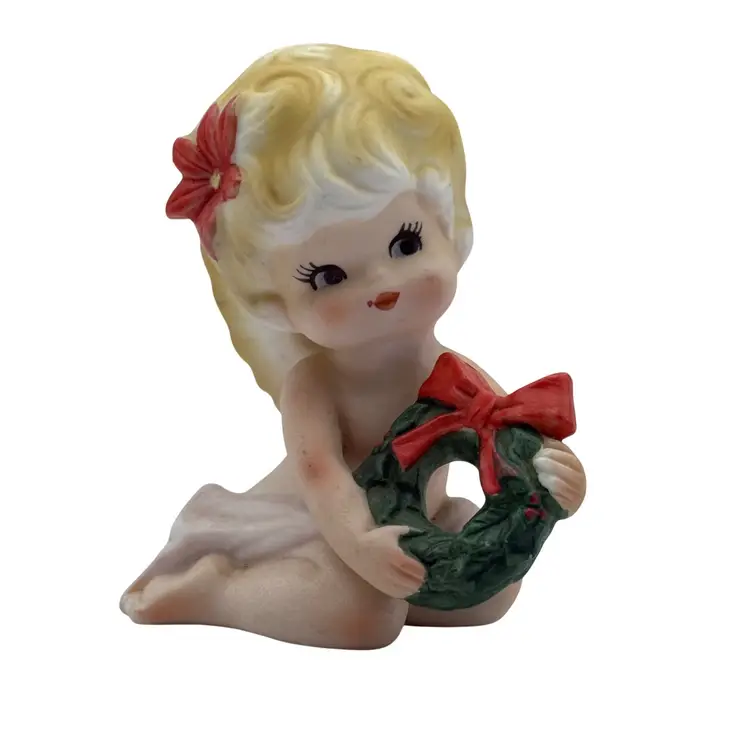 Vtg 1950's Lego December Birthday Christmas Angel Cherub Porcelain Bisque Figurine With Wreath & Wings