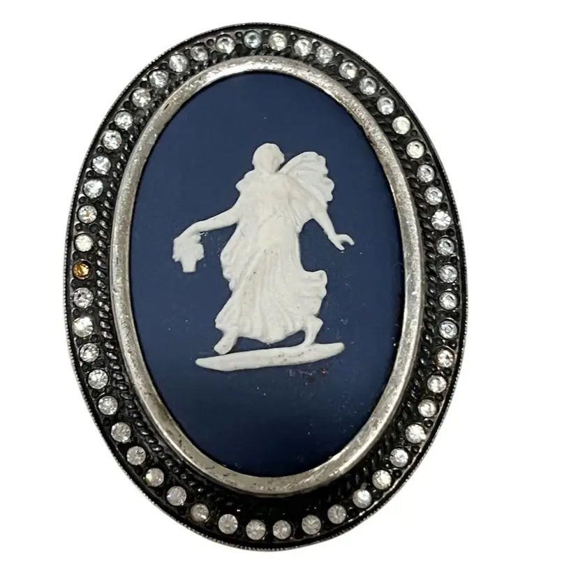 Wedgwood- Sterling Silver 925-Jasperware - Cameo Brooch – Blue & White Classical Figure – Vintage England-