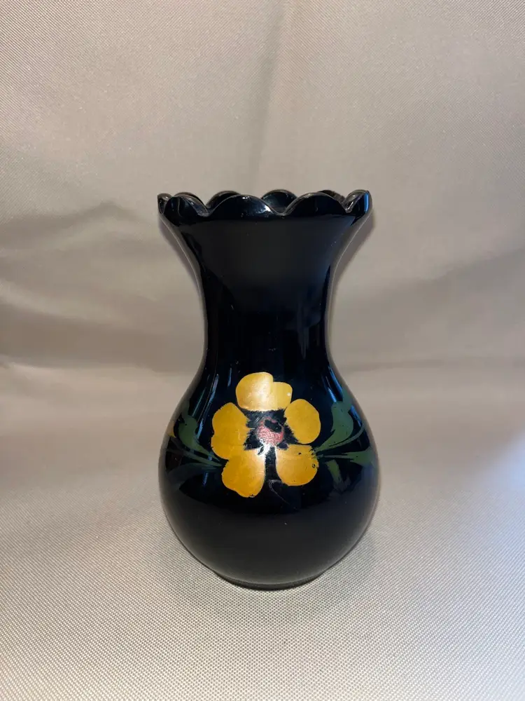 Vintage Fenton Black Amethyst Glass Vase With Yellow Flower