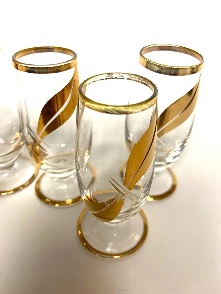 Bohemian gold rimmed with gold tone leaf design, cordial glasses