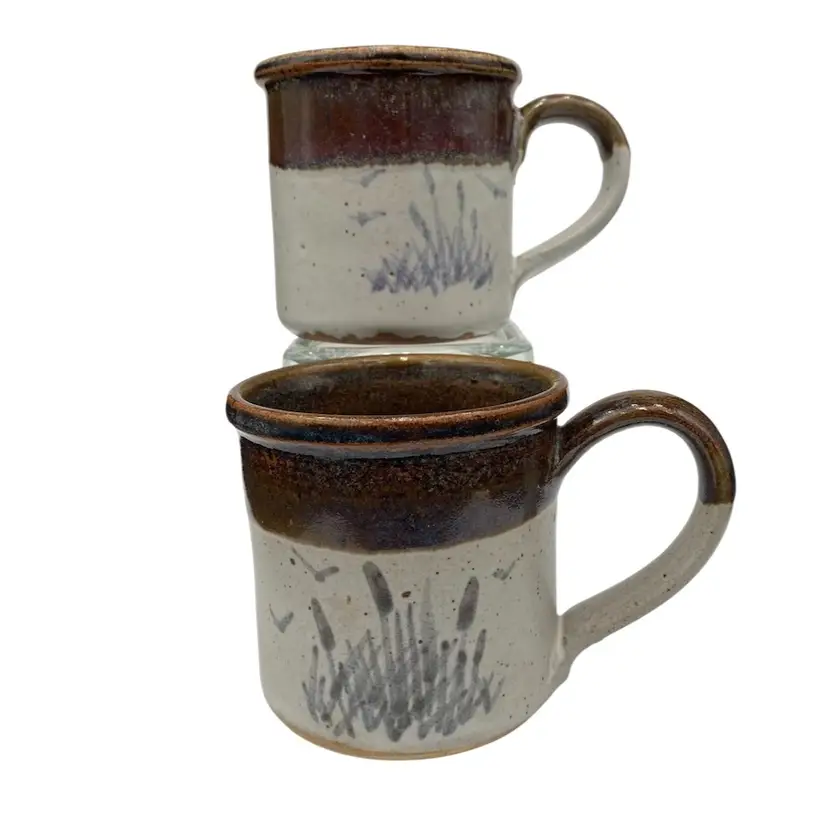 Set of 2 - Hand Thrown Studio Pottery Mugs, Beach Cattails Gulls, Signed