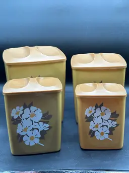 Vintage Nesting Canisters Set of 4 Mustard Yellow White Floral Plastic Kitchen