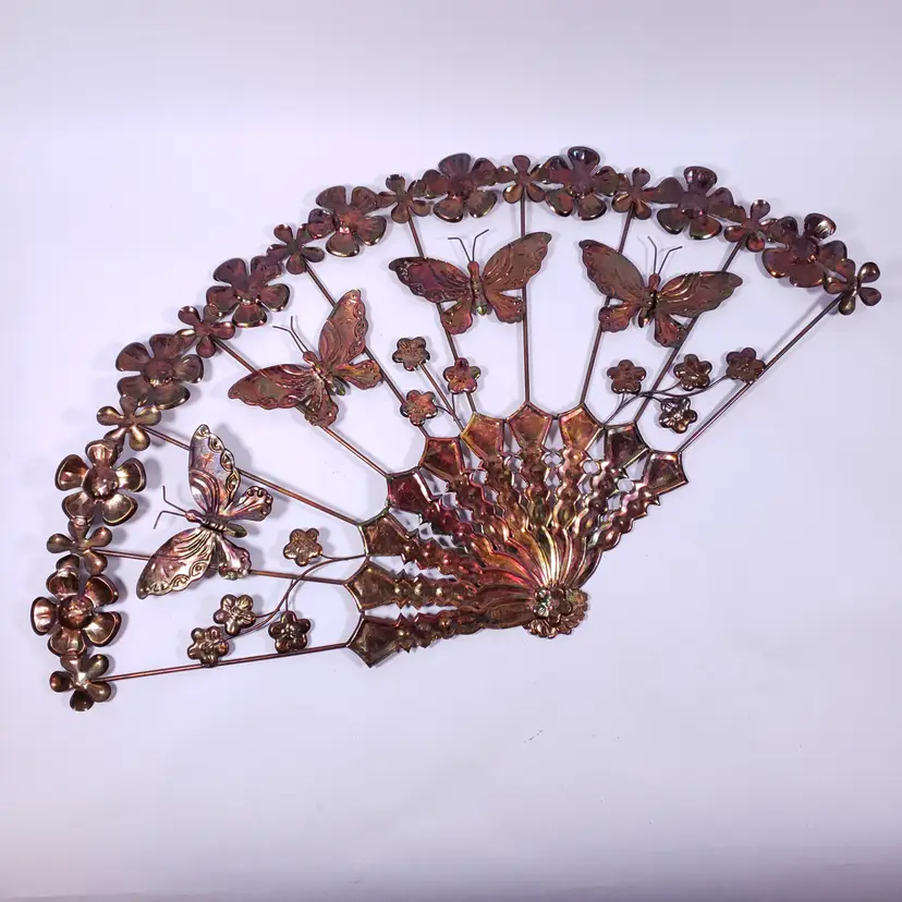 Vintage MCM Brass Toned Butterflies Floral Fan Metal Wall Art Decor