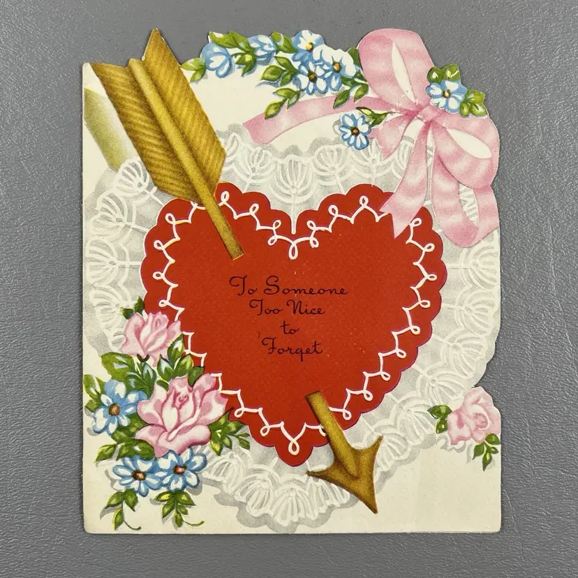 Vintage Valentine Greeting Card Die Cut Heart Arrow Pink Roses Bows A Meri Card USA 5.75"