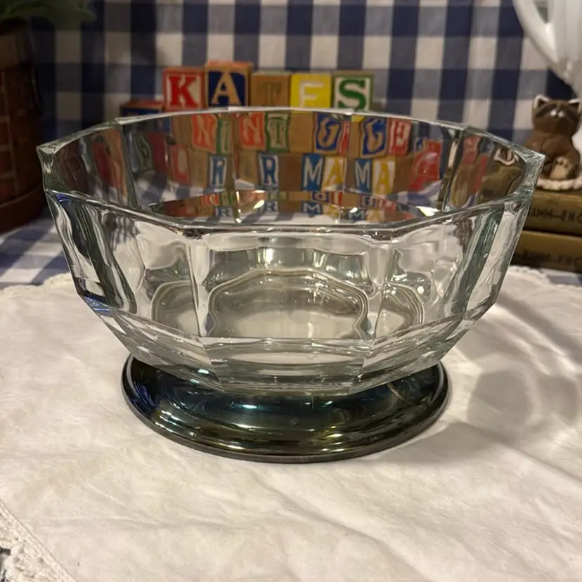 Vintage Godinger Crystal Paneled Salad Bowl with Silver-Plated Foot Base, Marked “Italy 78”