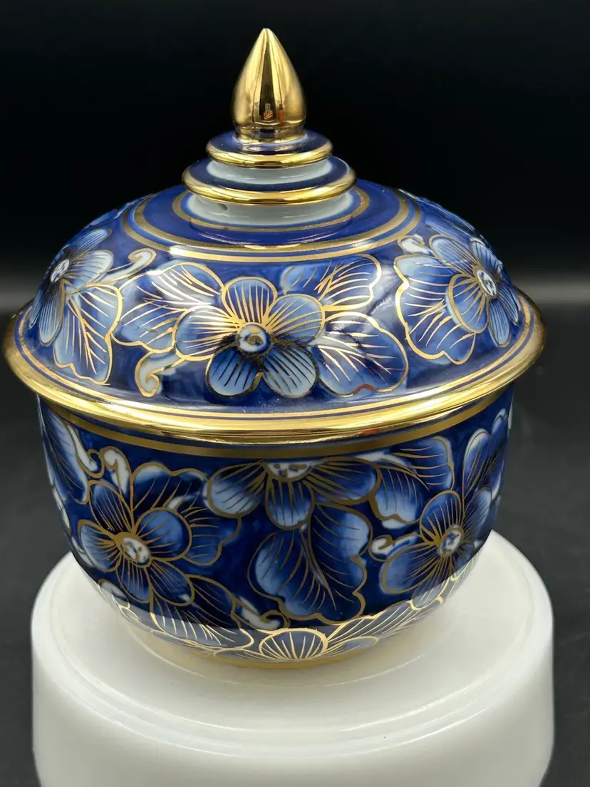 Vintage Thai Benjarong Porcelain Lidded Jar Cobalt Blue And Gold Lotus Design