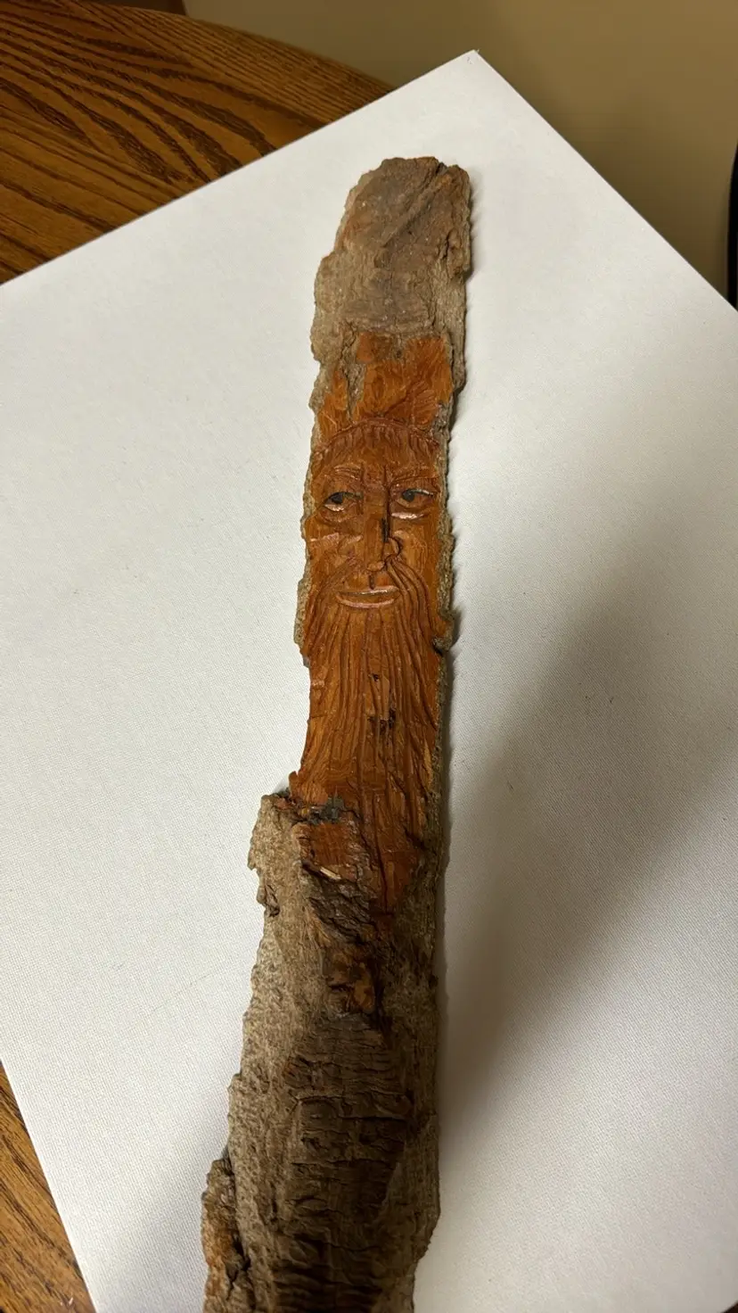 WOOD CARVING FACE / FOREST SPIRIT 19" BY 3" BEARDED MAN signed
