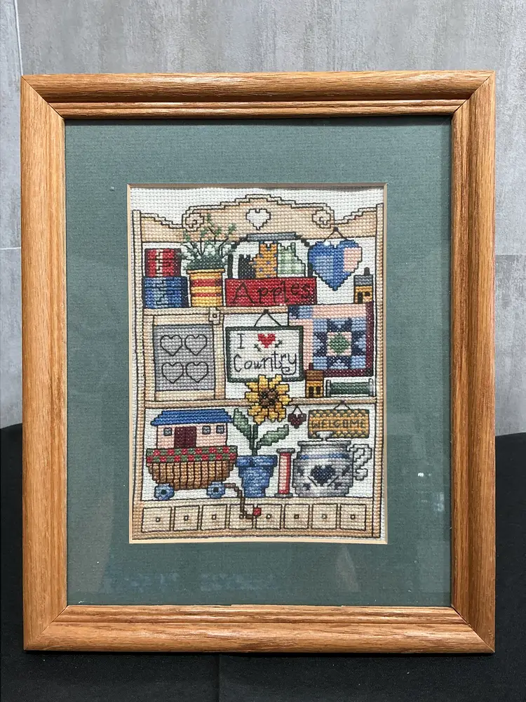 Framed Matted Country Cross Stitch Wall Art Antiques &Country Kitchen set of 2 80’s-90’s
