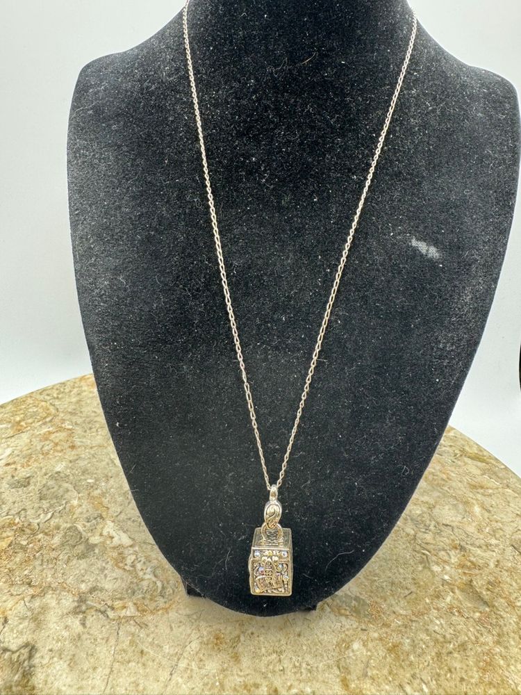 Vintage Silver Tone Prayer Box Pendant With AB Rhinestones  Necklace 18”