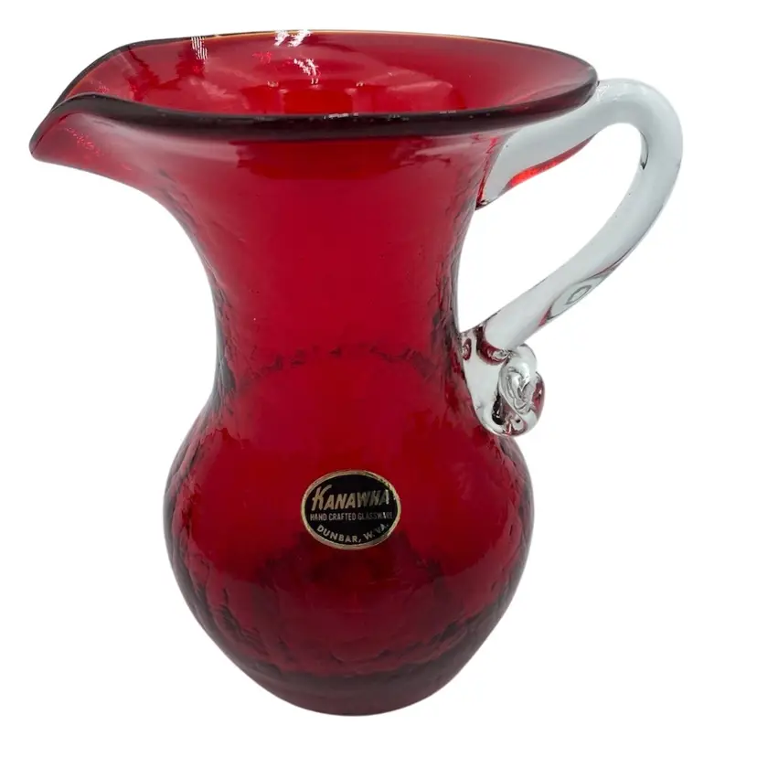 Vintage Kanawha Red Crackle Glass Pitcher w/Applied Glass Handle, Sticker, 7"
