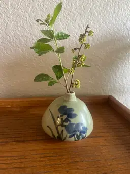 Ceramic Artist Signed Studio Pottery Blue Green Floral Squat Vase