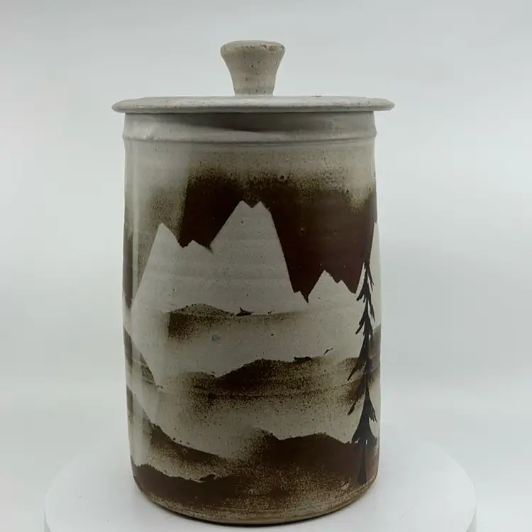 Anderson Pottery Pine Trees Lidded Canister Signed 10H 6Dia