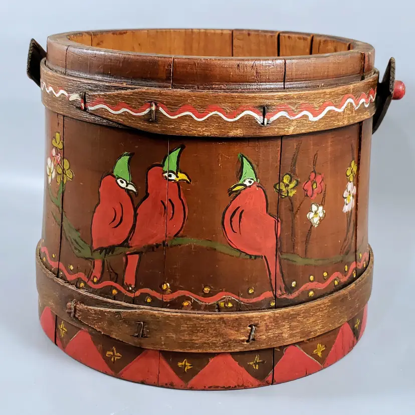 Vintage Folk Art Sugar Firkin Bucket Hand Painted Birds