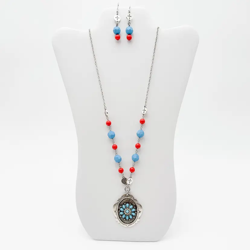 Southwest Pendant Necklace and Matching Earrings Turquoise Color and Orange Silver Tone Handmade