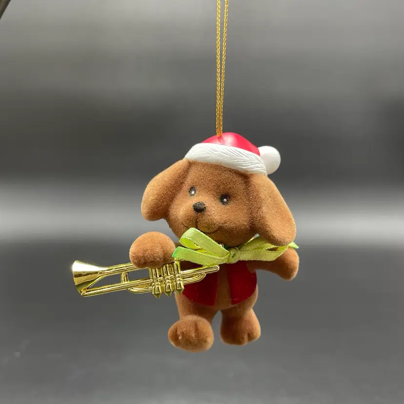 Flocked Plastic Puppy Dog Hound Horn Instrument VTG Hanging Christmas Ornament