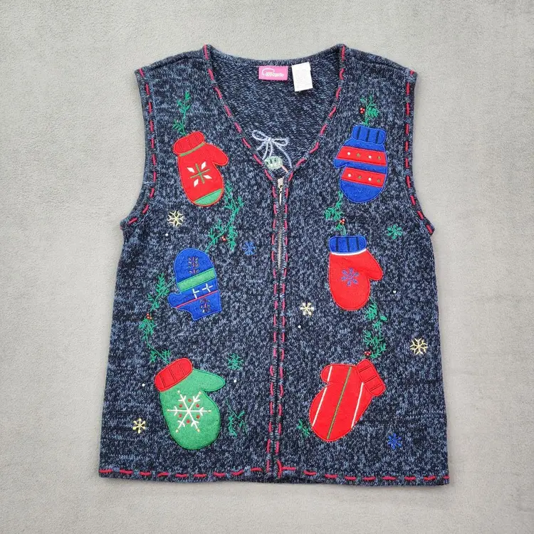 Vintage Cappagallo Ugly Christmas Sweater Vest Women's Small Blue Mittens Zip Up