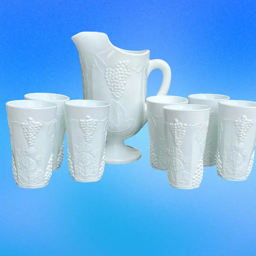 Vintage 64 Ounce Milk Glass Pitcher And 7 Tumblers