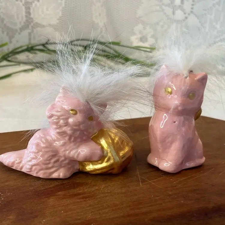 Pair Of Vintage Pink Punk Ceramic Kitties With Fur