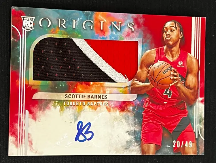 Scottie Barnes 2021-22 Origins Red RPA /49 #JA-BAR Rookie Tri-Color Patch Auto RC Toronto Raptors