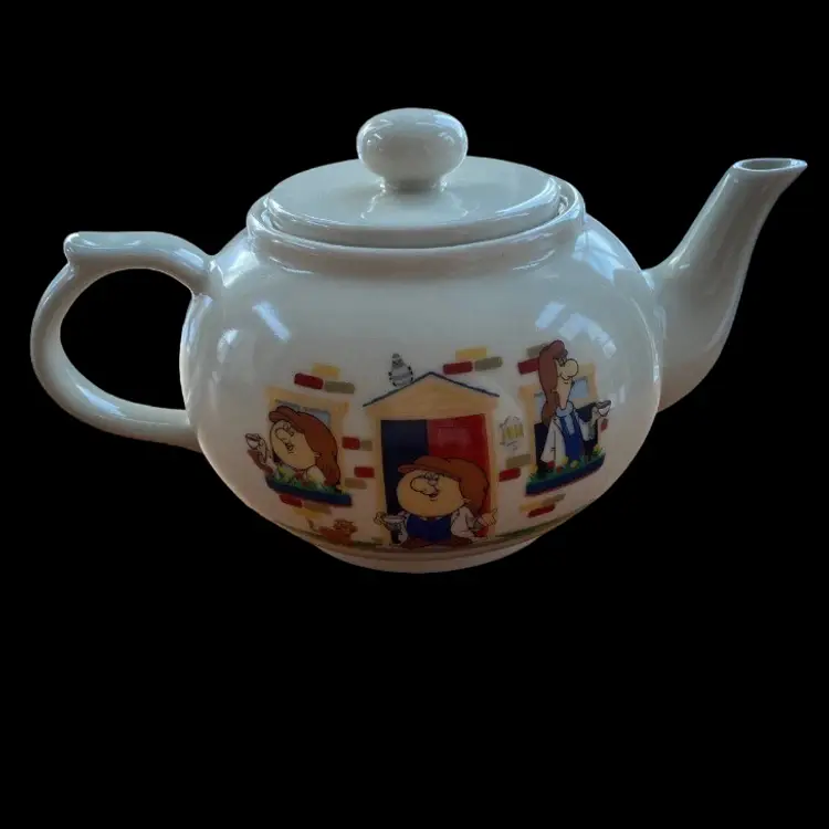 Vintage Tetley Teapot With Tetley Folks Characters Including A Cat And Bird! 1990’s Bright Ceramic Teapot.