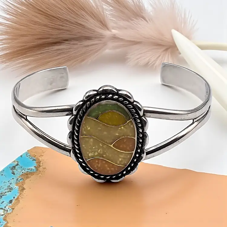 Carolyn Pollack Relios Sterling Silver Cuff Bracelet Mosaic Inlay Sunrise Vtg