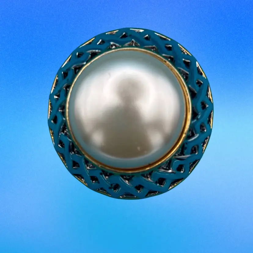 Vintage Faux Pearl & Teal Enamel Round Brooch