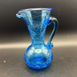 Vintage Blue Crackle Glass Pitcher With Applied Handle And Pulled Spout