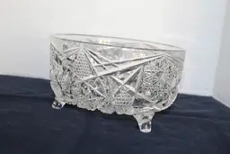 American Brilliant Cut glass crystal serving bowl 7.75in  3 feet hobstars