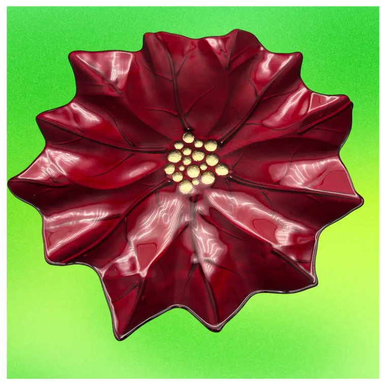Pier 1 Imports Christmas Holiday Poinsetta 15" Fused Glass Plates Dish Red Gold