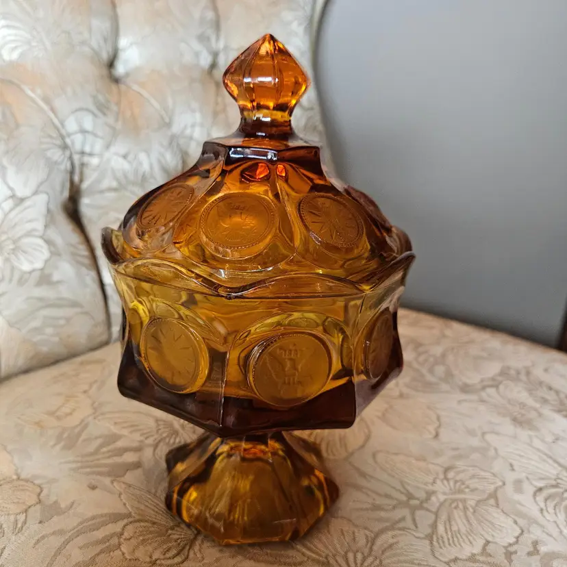 Vintage Amber Glass Coin Fostoria Candy Covered Dish Smaller Pedestal