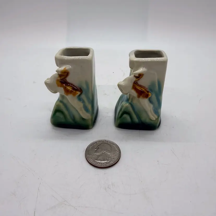 Vintage Pair Miniature Jumping Deer Gazelle Bud Vases MCM Pottery China 2.5"