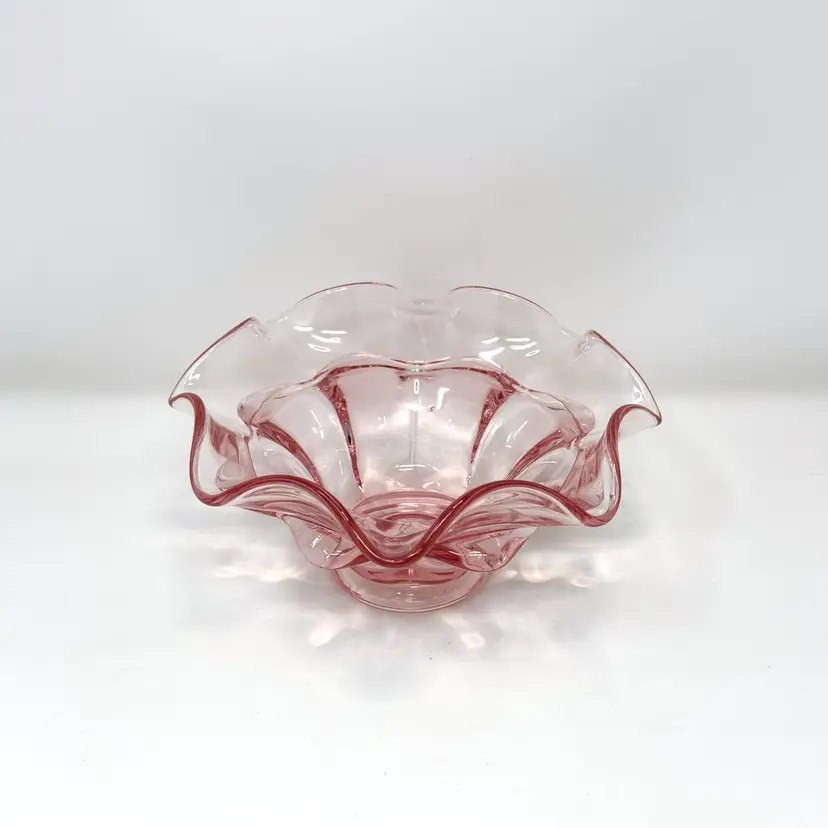 Viking Glass Pink Thistle Bowl – Ruffled Pedestal Candy Dish, Mid-Century Pressed Glass (0010-26)