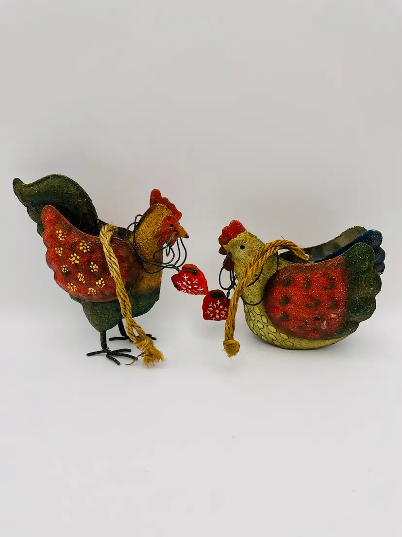 Pair of Brightly Painted Metal Ornaments, Rooster and Chicken with Hearts!