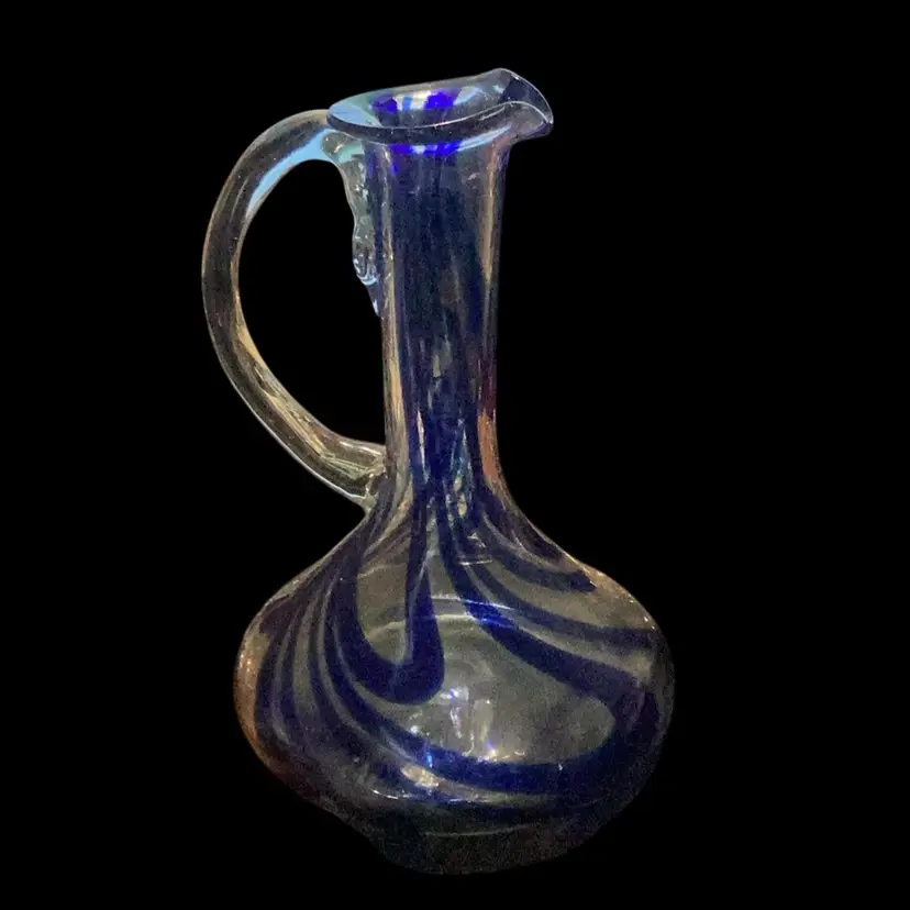 Swirled Dark Blue And Clear Hand blown Pitcher Vase