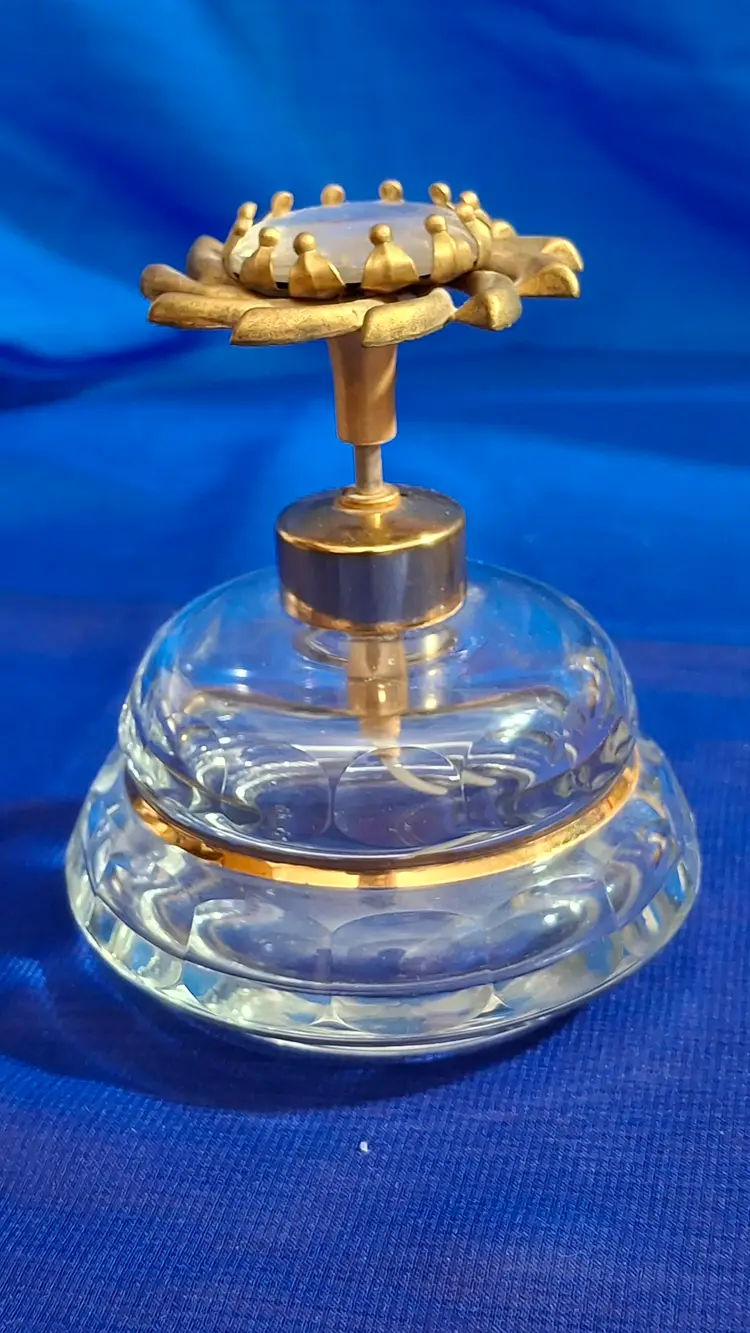 Vintage Czech Crystal Perfume Atomizer w/ Ornate Crown Top – 1950s