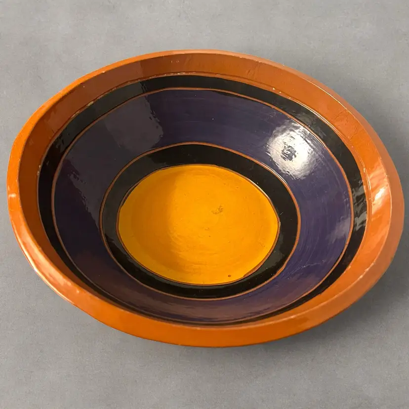 Terracotta Bowl Art Pottery Signed Purple Yellow Black