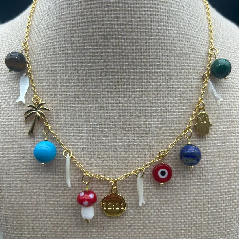Mayamar Lucky Charm Necklace 24K Gold Plated Multi Charm Gemstone Necklace 14” + Extender NWT