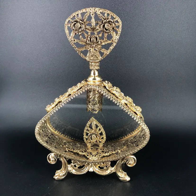 Vintage Matson Large Ornate Ormolu Filigree Rose Footed Perfume Bottle