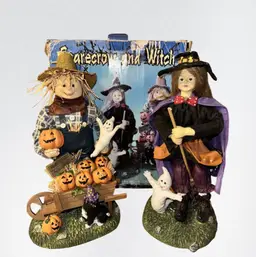 Halloween Scarecrow and Witch 13” Fabric Mache Figurines In Box